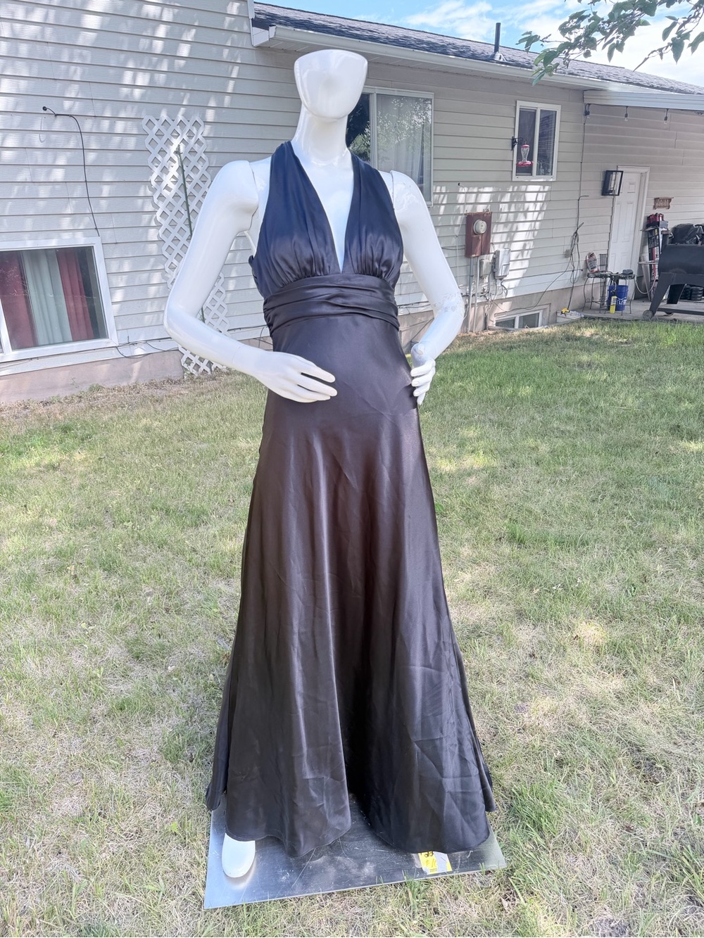 Niki Lavis Black Satin Halter Backless Evening Gown
